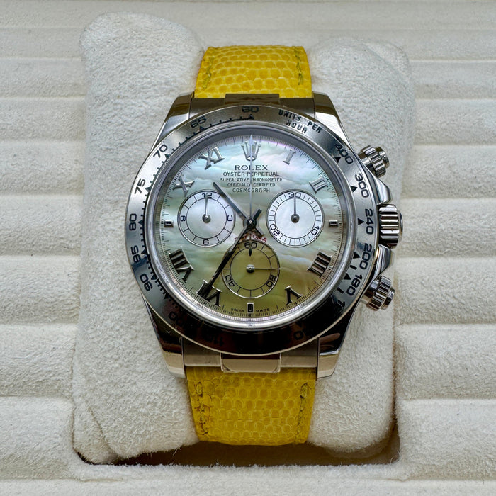 Rolex Daytona Beach ref. 116519 orologio 40mm oro bianco quadrante mop giallo nos full set Swiss 2002