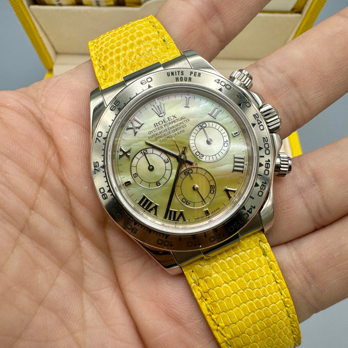 Rolex Daytona Beach ref. 116519 orologio 40mm oro bianco quadrante mop giallo nos full set Swiss 2002